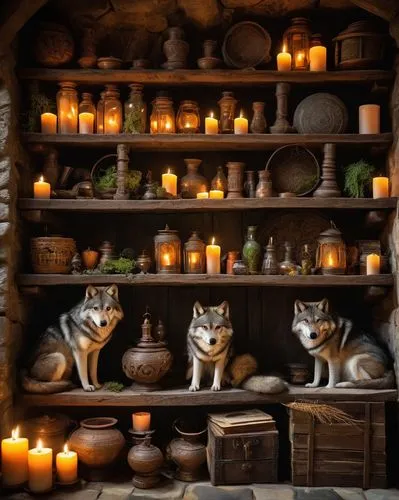 Two majestic wolves, standing back to back, surrounded by wooden shelves filled with ancient tomes, mysterious artifacts, and peculiar potions, dimly lit by candles and lanterns, stone walls adorned w