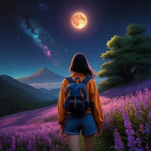 Expansive landscape photograph, (view from below with a view of the sky and wilderness below), (long-sleeved top, denim shorts, carrying a backpack), (dynamic pose:1.3, black eyes, black hime-cut long