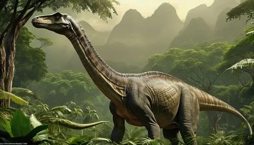 Brachiosaurus hybrid, giant reptile, mixed green and brown scaly skin, long neck, small brain, powerful tail, sharp claws, dense jungle environment, misty atmosphere, ancient trees, vines entwining, w