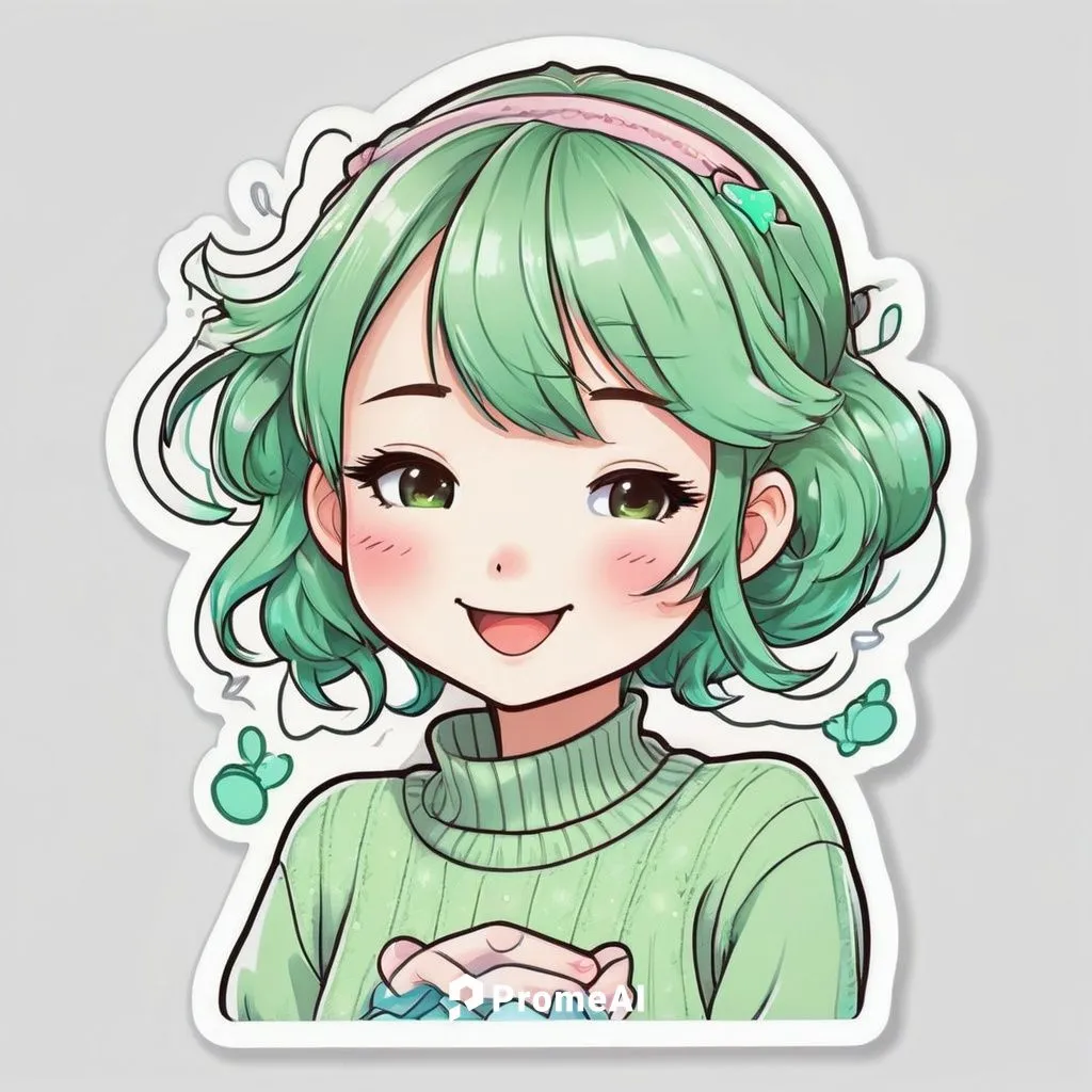 A detailed sticker design of a Kawaii-style girl, wearing a pastel green jumper, winking, cute accessories, hand-drawn quality, against a white backdrop. Created Using: manga art style, soft pastels, 