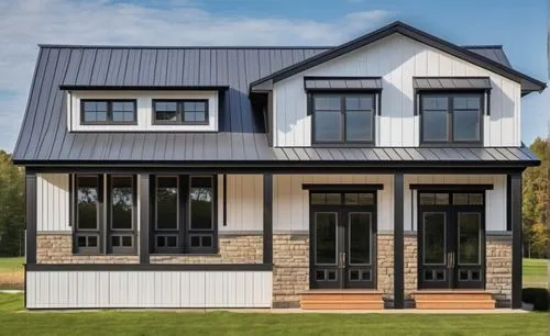 a white modern farm house with light wooden posts and beams, black trim around windows, black metal roof, grey brick dado, white vertical siding

,slate roof,timber house,folding roof,inverted cottage