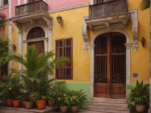 Havana, Cuba, colorful colonial architecture, vibrant pastel colors, ornate balconies, intricate carvings, wooden shutters, grand entrance, marble floors, high ceilings, chandeliers, luxurious interio