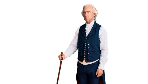 George Washington, old man, solo, historical figure, serious expression, powdered wig, blue eyes, dignified posture, formal attire, white shirt, golden buttons, black coat, waistcoat, breeches, boots,