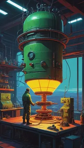 Horizon style, cyberpunk style, retro-futuristic, by Simon Stalenhag, {scientist assembles a compact nuclear reactor in the laboratory. perfect hands, perfect anatomy} . vintage sci-fi, 50s and 60s st