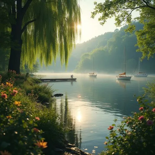 Serene lakefront, lush greenery, vibrant flowers, tranquil atmosphere, calm waters reflecting surrounding trees, majestic willows weeping towards the lake, few sailboats drifting lazily, wooden dock j