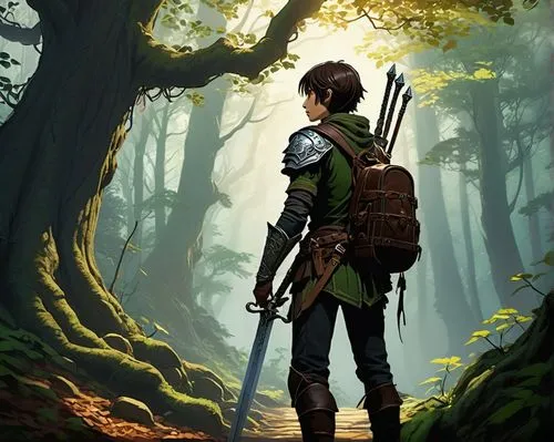 robin hood,the wanderer,patrol,heroic fantasy,aaa,game illustration,adventurer,lone warrior,fable,link,forest background,game art,wanderer,forest man,aa,cg artwork,archer,wander,male elf,adventure game,Illustration,Japanese style,Japanese Style 14