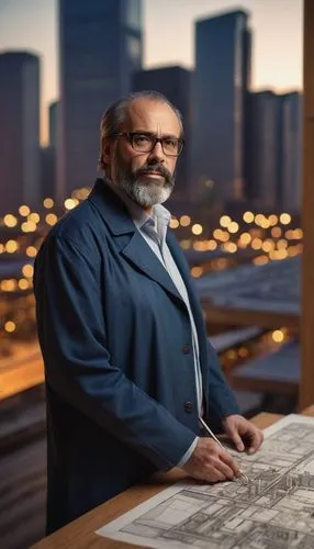 Middle-aged male architect, doctor's coat, glasses, short hair, beard, holding a blueprint, standing in front of a large wooden desk, with a modern skyscraper model on it, urban cityscape background, 