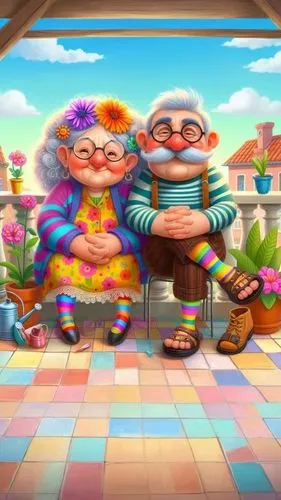 卡通的画，上面是天，下面是地板,oddparents,grannies,elderly couple,old couple,grandparents,wonderfalls,chipettes,duendes,gnomes at table,children's background,gpk,senior citizens,gnomeo,scandia gnomes,cartoon flowers