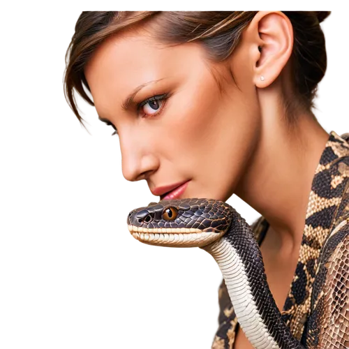 Non-poisonous snake, coiled body, scaly skin, forked tongue, brown and gray camouflage pattern, gentle biting action, human hand, relaxed grip, calm expression, soft focus, natural lighting, shallow d