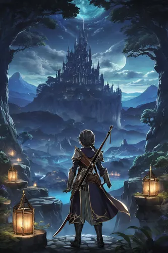 game illustration,castleguard,knight's castle,knight village,the wanderer,adventurer,dusk background,heroic fantasy,fantasy picture,castle of the corvin,meteora,bard,dungeons,hamelin,lone warrior,cg artwork,wanderer,fantasy art,background with stones,fantasy world,Conceptual Art,Fantasy,Fantasy 34