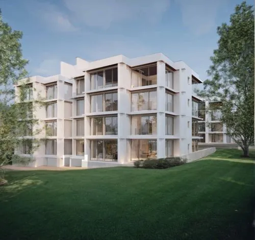 grass and trees
,the apartment building is located on a lush lawn,arkitekter,plattenbau,europan,passivhaus,appartment building,maisonettes