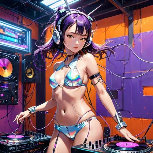 Holographic effect, in front of an orange and purple wall, a beautiful Asian robot female DJ, connected through cables and wires and LEDs, wearing a bikini and hot pants, cool technology, with a silve