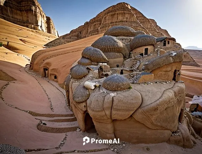 The scene shows a village with organically shaped round houses.
  The village is nestled in the middle of a smooth rocky mountain.
  The lateral sides of the mountain are excavated by two bodies two s