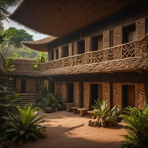 A two story tropical hotel. Ethnic masks on the wall. ,hacienda,javanese traditional house,anantara,amanresorts,patios,inside courtyard,courtyard,tambu,chhatra,cabanas,polyneices,longhouses,courtyards