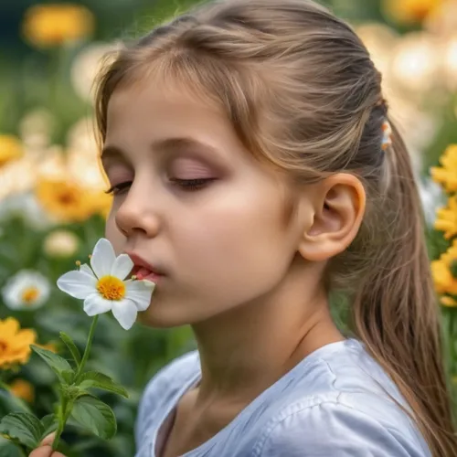 a girl blows the dandelion off her nose,girl picking flowers,girl in flowers,beautiful girl with flowers,picking flowers,flower girl,relaxed young girl