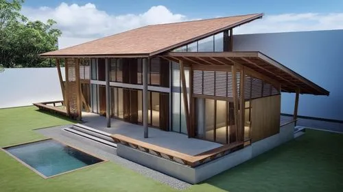 3d rendering,sketchup,revit,wooden house,modern house,cubic house,pool house,timber house,passivhaus,house shape,folding roof,javanese traditional house,grass roof,render,frame house,dog house frame,mid century house,smart house,rumah,inverted cottage,Photography,General,Realistic