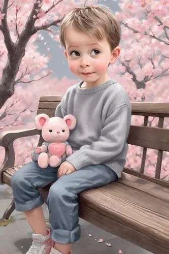 A two-year-old boy is sitting on a bench with a doll next to him,children's background,monchhichi,child in park,child portrait,cute cartoon character,3d teddy,cute cartoon image,takato cherry blossoms