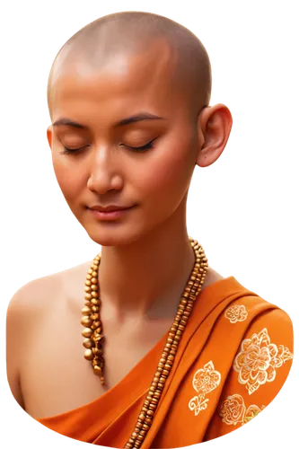 Buddhist images, serene face, closed eyes, gentle smile, shaved head, orange monk robes, intricate Tibetan patterns, golden accents, prayer beads, lotus position, meditation, soft warm lighting, 3/4 c