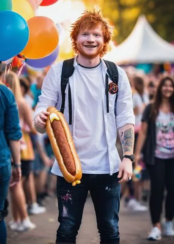 Ed Sheeran, holding a giant corn dog, casual smile, messy brown hair, blue eyes, white shirt, black jeans, sneakers, standing, outdoor food festival, afternoon sunlight, colorful balloons, festive atm