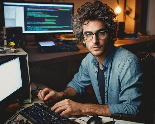 Computer, motherboard, CPU, RAM, GPU, circuit board, wires, chips, metal casing, LED lights, keyboard, mouse, monitor, coding, programmer, serious face, glasses, messy hair, casual clothes, dimly lit 