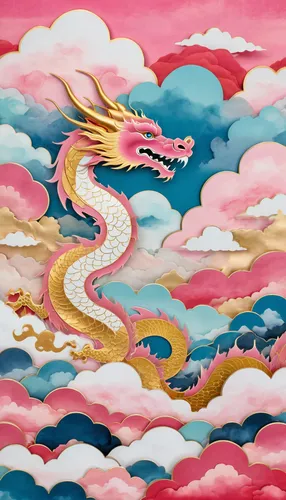 a paper cuts pink dragon hiding behind clouds, gold thin line, Chinese painting, meticulous painting, oriental minimalism, colorful clouds, dreamy, poetic, China, close-up, gradient, golden buildings,