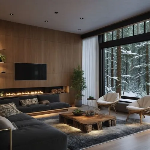 Virtual living room, virtual lights and shadows, the background is a forest, Virtual living room, realistic lighting and shadows, winter snow forest background, highly detailed textures of materials s