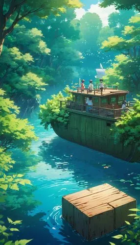 ghibli,studio ghibli,houseboat,boat landscape,cartoon video game background,background design,Illustration,Japanese style,Japanese Style 03