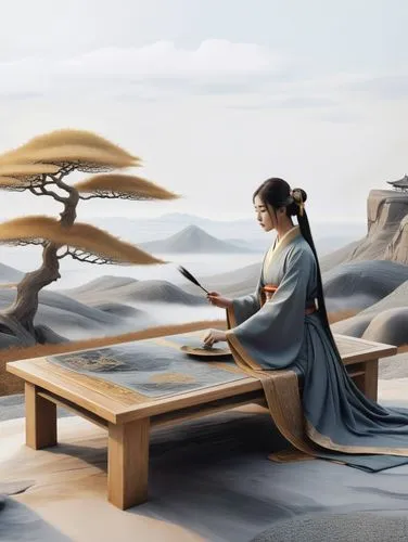 in a surreal landscape, three-dimensional brushstrokes of ancient Japanese art can be seen showcasing the beauty and texture of the raw materials. The air is thick with the scent of fresh herbs, and a