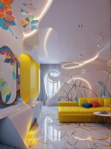 A modern living room space, inspired by Ukrainian design style, with a floor height of 5 meters, considering the relationship between space and people and the environment, and the lighting effect duri