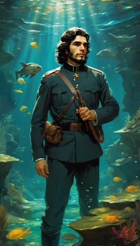 che,guevara,version john the fisherman,che guevara,aquanaut,the man in the water,underwater background,garibaldi (fish),fidel alejandro castro ruz,napoleon fish,conquistador,el mar,cg artwork,the wanderer,athos,game illustration,agua de valencia,jon boat,aquaman,castro,Art,Classical Oil Painting,Classical Oil Painting 12