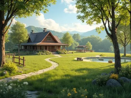 summer cottage,home landscape,cottage,the cabin in the mountains,country cottage,idyllic,landscape background,meadow landscape,house in the mountains,small cabin,house in the forest,house in mountains,wooden house,house with lake,little house,log home,beautiful home,log cabin,countryside,country house,Photography,General,Realistic