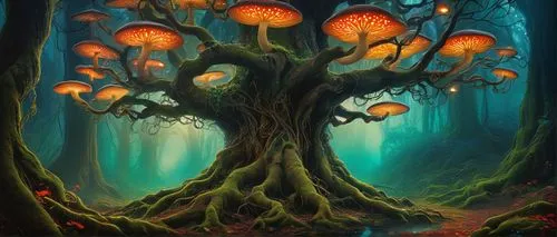 mushroom landscape,tree mushroom,magic tree,forest mushroom,fairy forest,forest mushrooms,tangerine tree,elven forest,haunted forest,fairy lanterns,forest tree,mushroom island,tree torch,enchanted forest,umbrella mushrooms,mushrooms,flourishing tree,colorful tree of life,tree of life,toadstools,Illustration,Abstract Fantasy,Abstract Fantasy 16