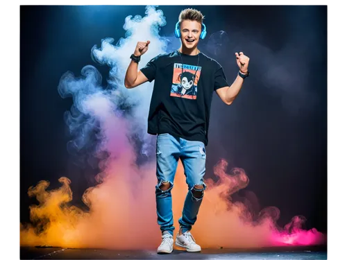 DJ, male, energetic, headphones, dynamic pose, fist pump, confident smile, short spiky hair, casual wear, graphic t-shirt, ripped jeans, sneakers, microphone in hand, stage lights, smoke effects, vibr