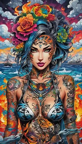 viveros,fantasy art,bodypainting,bodypaint,tattoo girl,water rose,sirens,aquarius,body painting,oceano,the sea maid,poison,mermaid background,baoshun,chicanas,imperatriz,flamenca,samsara,siren,fire background,Conceptual Art,Graffiti Art,Graffiti Art 07