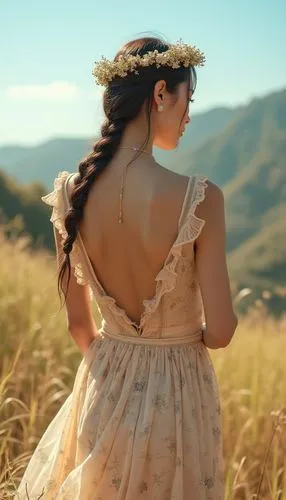 girl in a long dress from the back,eadweard,milkmaid,countrywoman,dirndl,country dress