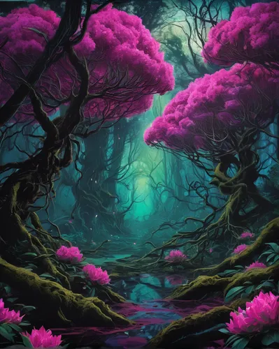 fairy forest,elven forest,fantasy landscape,tree grove,forest landscape,forest of dreams,magnolia trees,mushroom landscape,druid grove,fairytale forest,enchanted forest,blossom tree,forest background,forest glade,fantasy picture,fairy world,underwater landscape,cherry blossom tree,sakura trees,sakura tree,Illustration,Realistic Fantasy,Realistic Fantasy 47