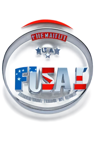 USA flag, silver chrome emblem, bold font, red and blue colors, 3D metallic texture, glossy finish, circular shape, centered composition, high-key lighting, shallow depth of field, detailed reflection