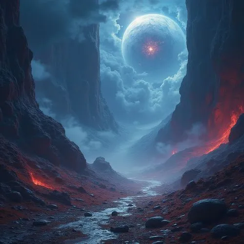 lunar landscape,valley of the moon,moonscape,alien planet,fantasy picture,fantasy landscape,moonsorrow,alien world,moon valley,sci fiction illustration,fantasy art,oscura,phase of the moon,red planet,ecliptic,world digital painting,photomanipulation,scorched earth,nibiru,blue moon,Photography,General,Fantasy