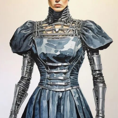 terminator,dress,fashion illustration,costume design,cuirass,joan of arc,imperial coat,artist's mannequin,breastplate,victorian lady,armour,girl in a historic way,knight armor,victorian fashion,drawin