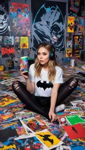  (Elizabeth Olsen)) geek gothic sitting on the bed,with large headphone jack ((,drinking coffee)) ((action pose )) (((batman T-shirt))) west babydoll lingerie wear,night ,(((long hair))),  In the back