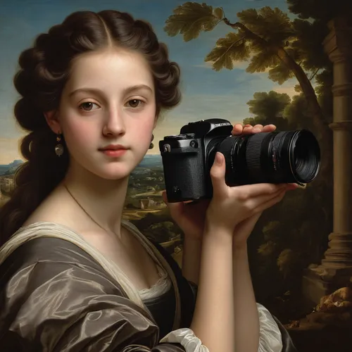 a girl with a camera,portrait photographers,vintage female portrait,camerist,portrait of a girl,franz winterhalter,romantic portrait,the blonde photographer,point-and-shoot camera,photographer,photographing children,nikon,camera photographer,camera illustration,girl with bread-and-butter,girl portrait,rangefinder,young woman,photo-camera,bouguereau,Art,Classical Oil Painting,Classical Oil Painting 26