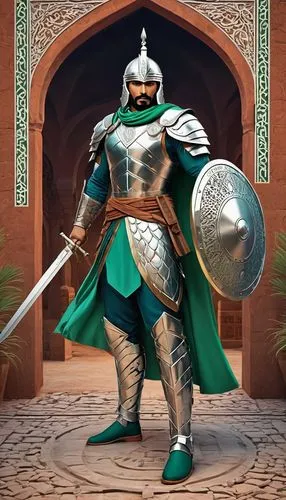 Create an image of Ghazi Warrior, a superhero with a deep connection to historical Ghazis. His armor is a fusion of traditional warrior attire with modern, battle-ready enhancements. He stands in a he