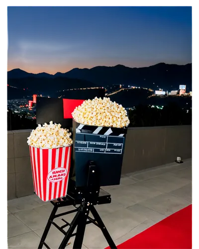 Popcorn bucket, cinema screen, movie camera, film reel, clapperboard, director chair, spotlight, red carpet, awards trophy, Hollywood sign, night cityscape, cinematic lighting, shallow depth of field,