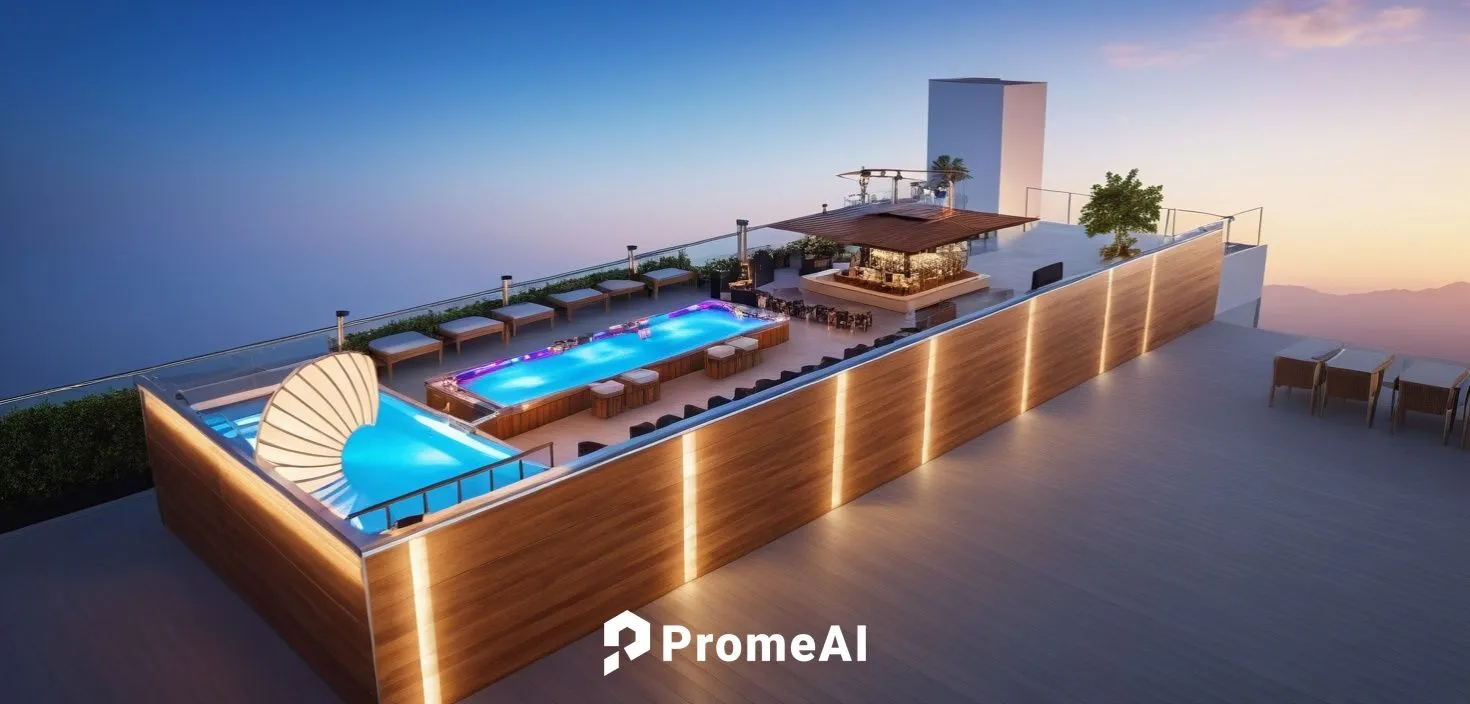 nightclub rooftop, wooden floor, pool, and bar inside, dj booth ,,sky apartment,penthouses,roof top pool,pool bar,roof terrace,floating island,oceanfront,skybar,3d rendering,beach bar,skyloft,sky spac