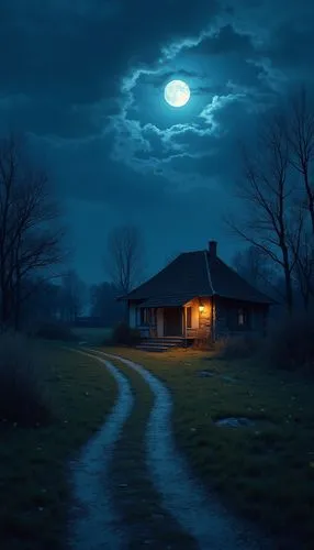 moonlit night,lonely house,blue moon,moonlit,full moon,moonlight,Photography,General,Realistic