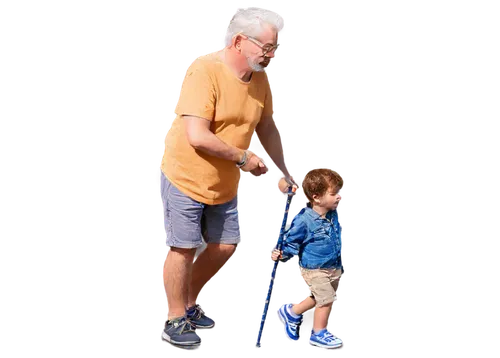 Old man, gentle smile, wrinkles, white hair, glasses, casual wear, jeans, checked shirt, leather belt, walking stick, holding hand, little boy, curious eyes, messy brown hair, yellow t-shirt, blue sho