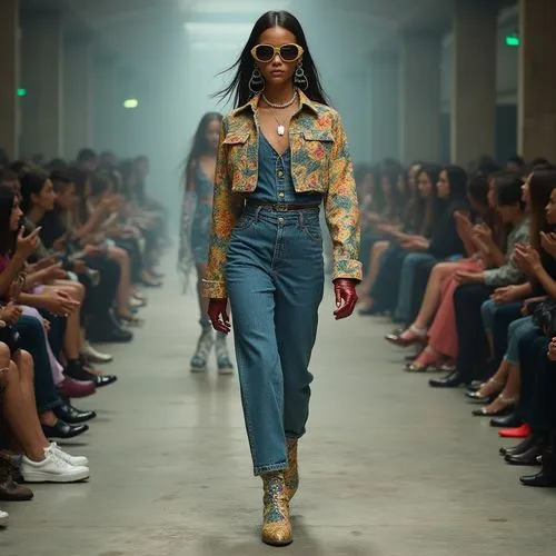 18 year old model with delicate marked features is walking she wears  wearing a garment composed of completely denim clothes with a denim jacket crop and jeans, but the eye-catching part of the outfit