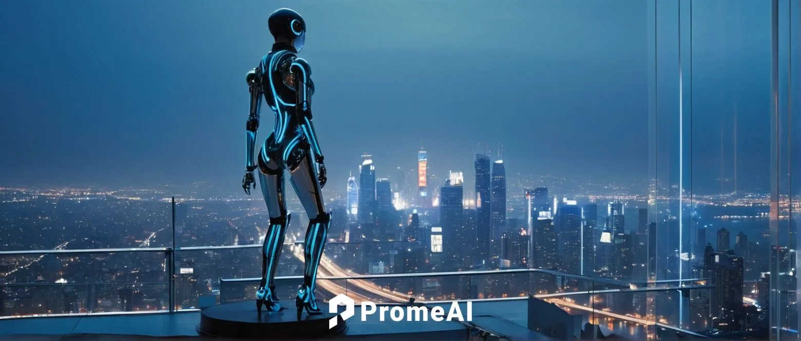 Arc, futuristic, sci-fi, neon lights, sleek metal, rounded edges, holographic display, glowing blue lines, complex circuits, wires, robotic arms, mechanical legs, cityscape, skyscraper, metropolitan, 