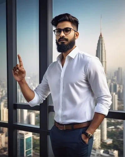 Modern Indian architectural firm, outsourcing company, young male architect (30yo), glasses, stylish beard, white shirt, dark jeans, black shoes, standing, gesturing, pointing, in front of a large flo