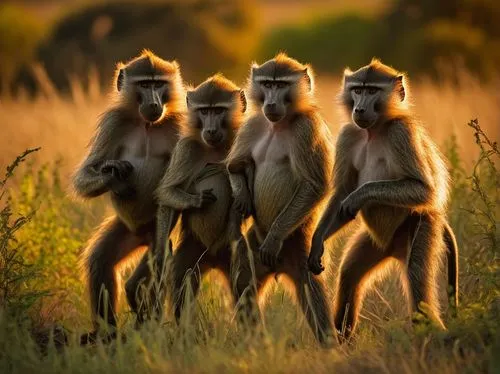 Troop of baboons, savannah, sunset, golden light, tall grass, acacia trees, detailed fur, expressive faces, playful actions, climbing, jumping, social interaction, curious eyes, strong jaws, sharp tee